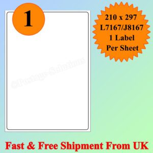 1 Per Sheet Address Labels White A4 Sheets Sticky Self Adhesive for Inkjet / Laser Printer