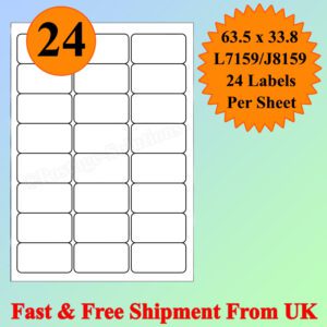 24 Per Sheet Address Labels White A4 Sheets Sticky Self Adhesive for Inkjet / Laser Printer